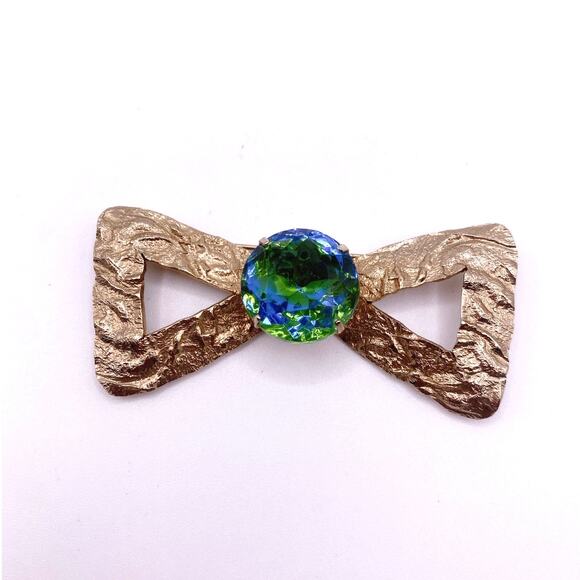 Vintage Brooch Bow with Bohemian Green and Blue Glass 2” long - Picture 8 of 8
